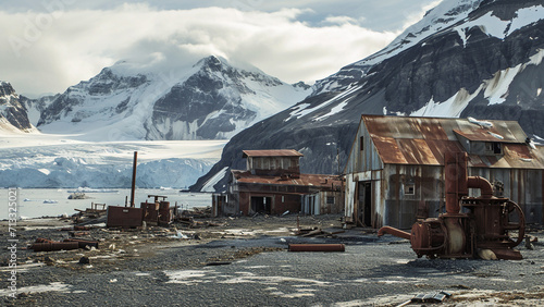 Eerie abandoned whaling station on a desolate Antarctic shore with rusted machinery and dilapidated buildings, a reminder of the region's past human activities photo