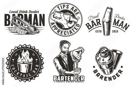 Bartender design with shot with fire, juicer and boston shaker in hands for bartending school. Vector emblem set of chromed metal equipment or cocktail bar tool for barman or barkeep