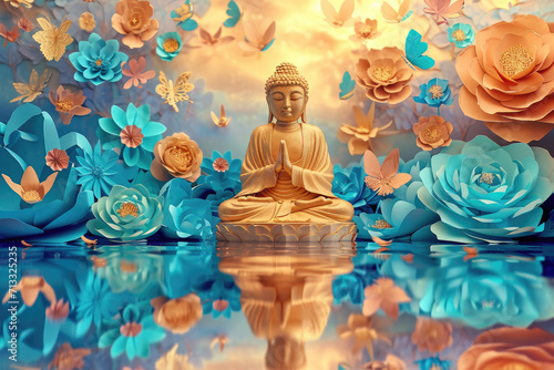 a big glowing golden buddha statue with glowing nature background, multicolor paper flowers, butterflies photo