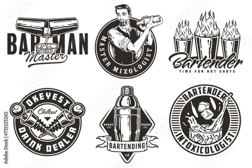 Bartender design with shots with fire, bottle stopper and boston shaker for bartending school. Vector emblem set of chromed metal equipment or cocktail bar tool for barman or barkeep