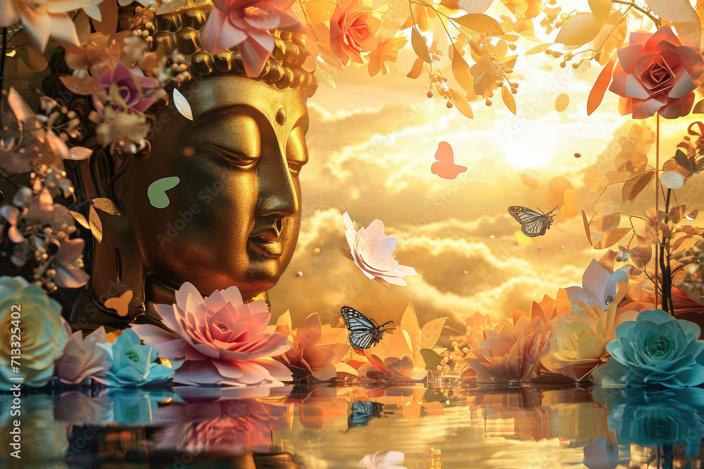 a big glowing golden buddha statue with glowing nature background, multicolor paper flowers, butterflies