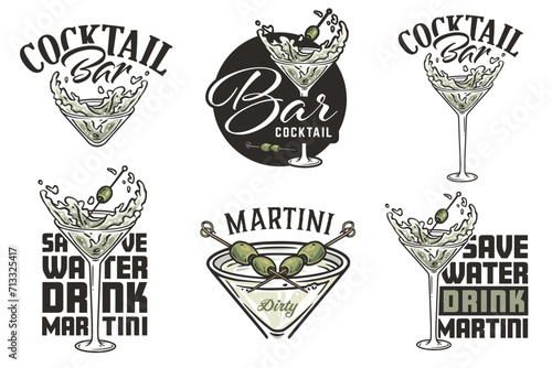 Martini vector set with olives and splashes for alcohol cocktail bar or drink party. Logo designs with glasses of martini for bartender or barman