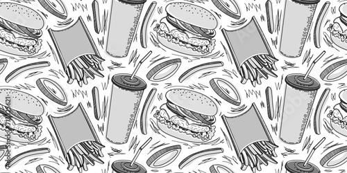 Vector fast food seamless pattern in hand drawn doodle style.Print without background, hamburger, french fries, onion rings, cola. Packaging for fast food, for kraft paper.