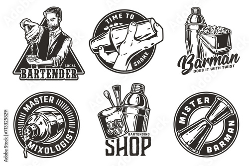 Bartender design with double jigger and boston shaker for bartending school. Vector emblem set of chromed metal equipment or cocktail bar tool for barman or barkeep