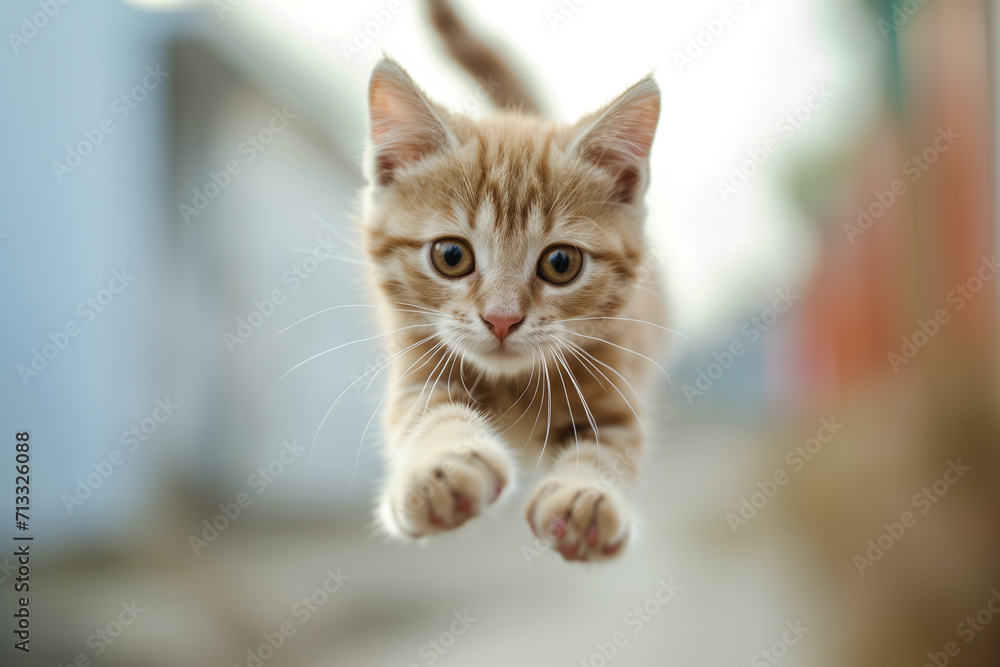 Cute tabby kitten jumping. Flying or jumping kitten cat. Jumping kitten. cute cat jumping flying in the air playing. Cute playful kitten jumping in the air, copy space for text