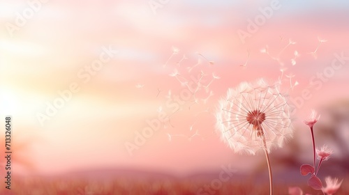 A tranquil and atmospheric photograph capturing the serene beauty of a peach-colored dandelion. Generative AI