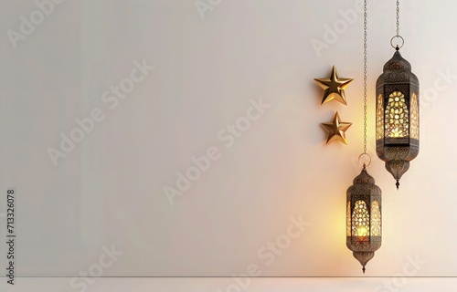 ramadan kareem white background 3d lantern and gold star, white copy space ramadan kareem, islamic mosque minner white background with copy space