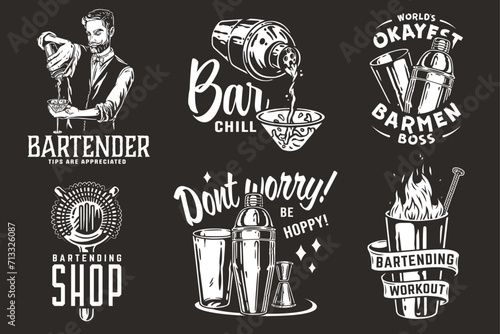 Bartender design with hawthorne strainer and boston shaker with fire for bartending school. Vector emblem set of chromed metal equipment or cocktail bar tool for barman or barkeep