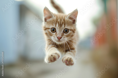 Cute tabby kitten jumping. Flying or jumping kitten cat. Jumping kitten. cute cat jumping flying in the air playing. Cute playful kitten jumping in the air, copy space for text © Nataliia_Trushchenko