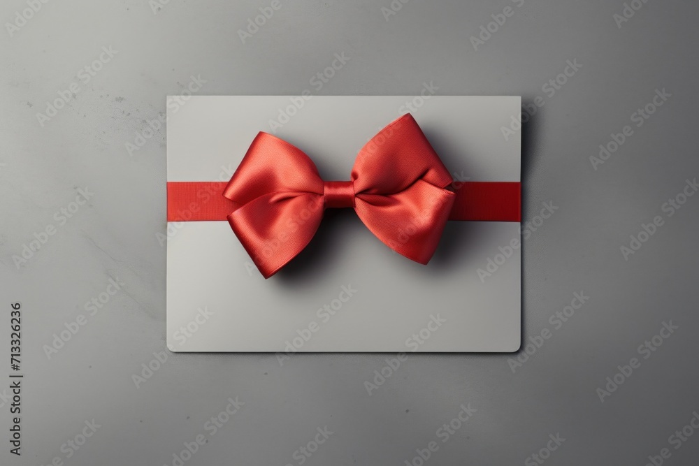 Envelope, gift card, voucher with red bow isolated on gray background. View from above. Gift card. Birthday. Valentines day. Envelope, gift card, voucher with red bow isolated on gray background. View from above. Gift card. Birthday. Valentines day.