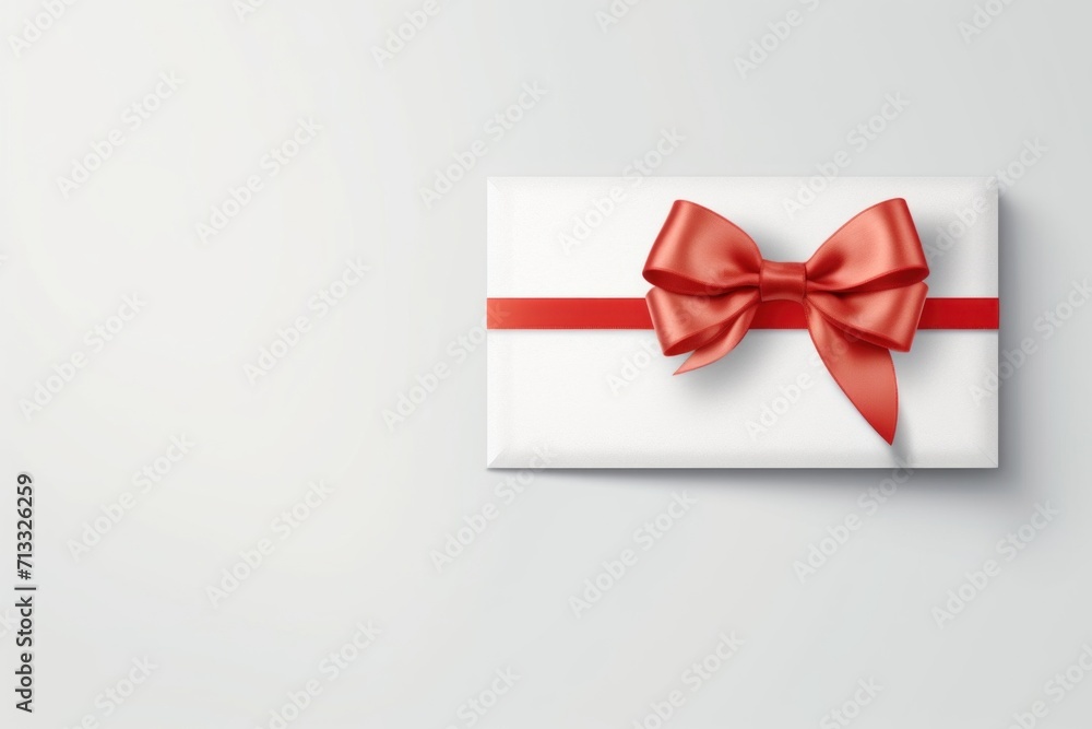 White envelope, gift card with red bow isolated on white background. View from above. Gift card. Birthday. Valentines day. White envelope, gift card with red bow isolated on white background. View from above. Gift card. Birthday. Valentines day.