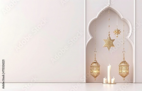 ramadan kareem white background 3d lantern and gold star, white copy space ramadan kareem, islamic mosque minner white background with copy space