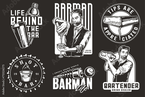 Bartender design with shot with fire, bottle stopper and boston shaker for bartending school. Vector emblem set of chromed metal equipment or cocktail bar tool for barman or barkeep
