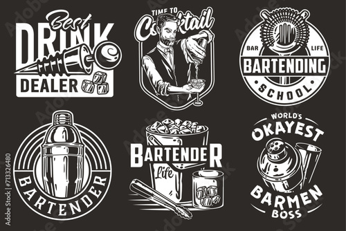 Bartender design with hawthorne strainer, bottle stopper and boston shaker for bartending school. Vector emblem set of chromed metal equipment or cocktail bar tool for barman or barkeep