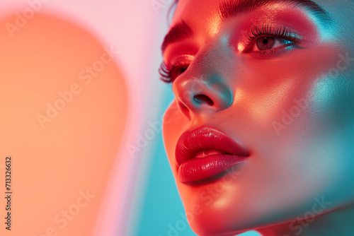 High fashion model lips and face woman in colorful bright neon UV blue and purple lights  posing in studio  beautiful girl  glowing makeup  colorful makeup. Glitter Bright Neon Makeup