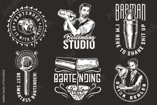 Bartender design with cocktail pourer and boston shaker for bartending school. Vector emblem set of chromed metal equipment or cocktail bar tool for barman or barkeep