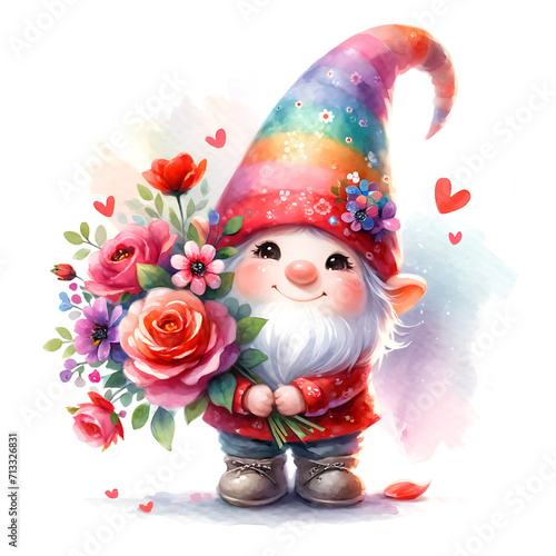 gnome holding a flower bouquet watercolor illustration