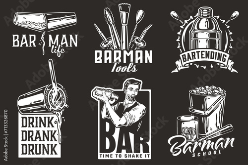 Bartender design with boston shaker in hands and bucket with ice for bartending school. Vector emblem set of chromed metal equipment or cocktail bar tool for barman or barkeep