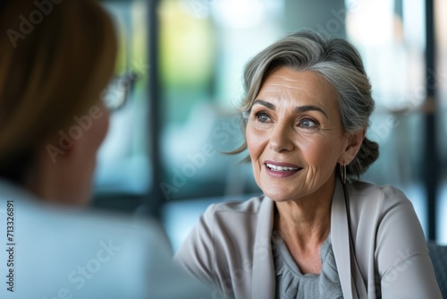 Business woman with mature facial features and wrinkles is talking to a colleague in a modern bright office, smiling, 