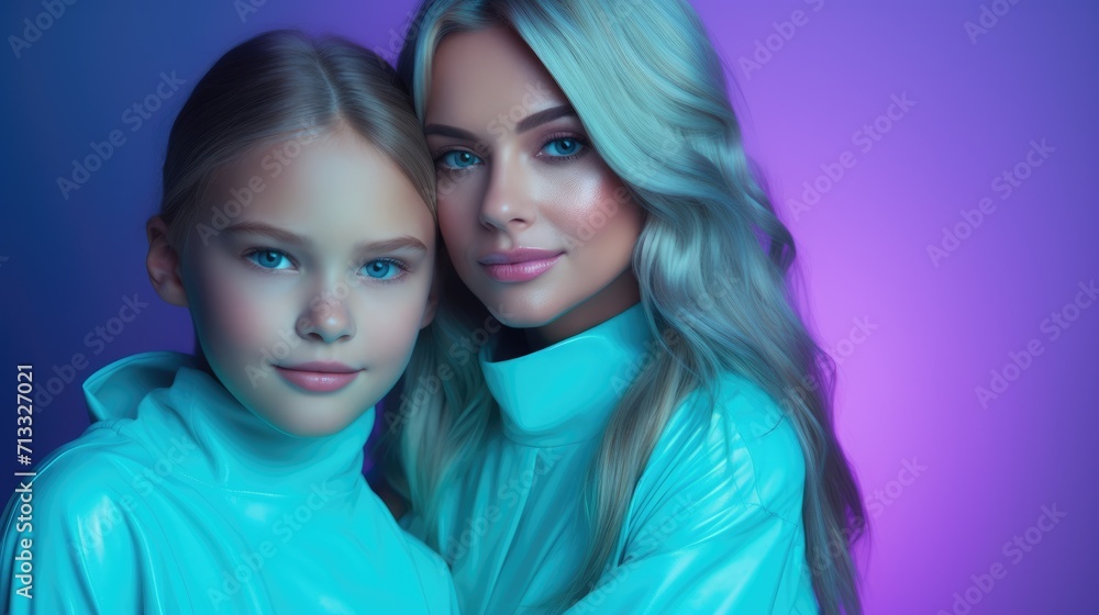 Mother and daughter high fashion shoot in galagram futuristic colors.
