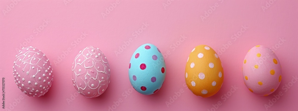 Pink background with easter eggs, concept of easter holiday and religion.