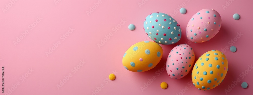 Pink background with easter eggs, concept of easter holiday and religion.