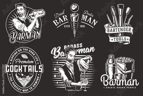 Bartender design with boston shaker and bottle stopper, bucket with ice for bartending school. Vector emblem set of chromed metal equipment or cocktail bar tool for barman or barkeep