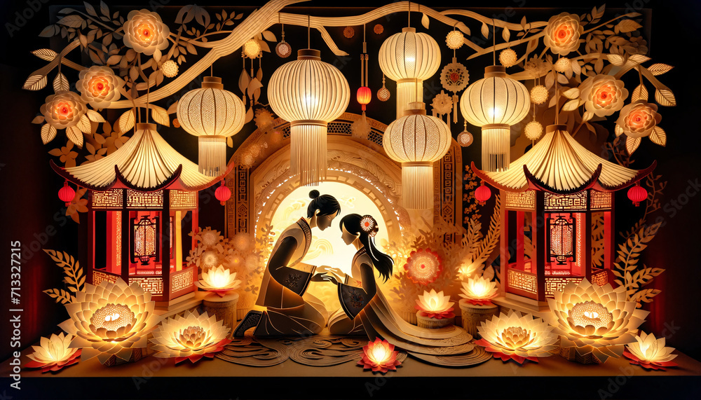 Enchanting paper art scene of two lovers under the glow of Chinese lanterns, merging culture with romance for Valentine's Day. AI Generated.