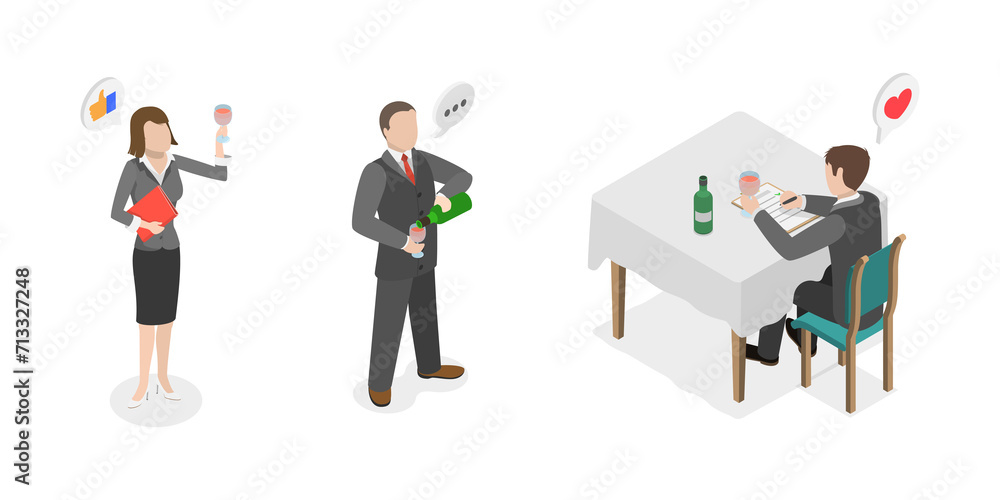 3D Isometric Flat Conceptual Illustration of Wine Degustation, Professional Sommelier 3D Isometric Flat Conceptual Illustration of Wine Degustation, Professional Sommelier