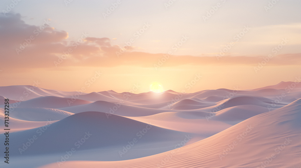 A serene desert at sunset. The golden light of the sun casts long shadows on the smooth and wavy sand dunes, creating an elegant pattern across the landscape. Tranquil and peaceful atmosphere.