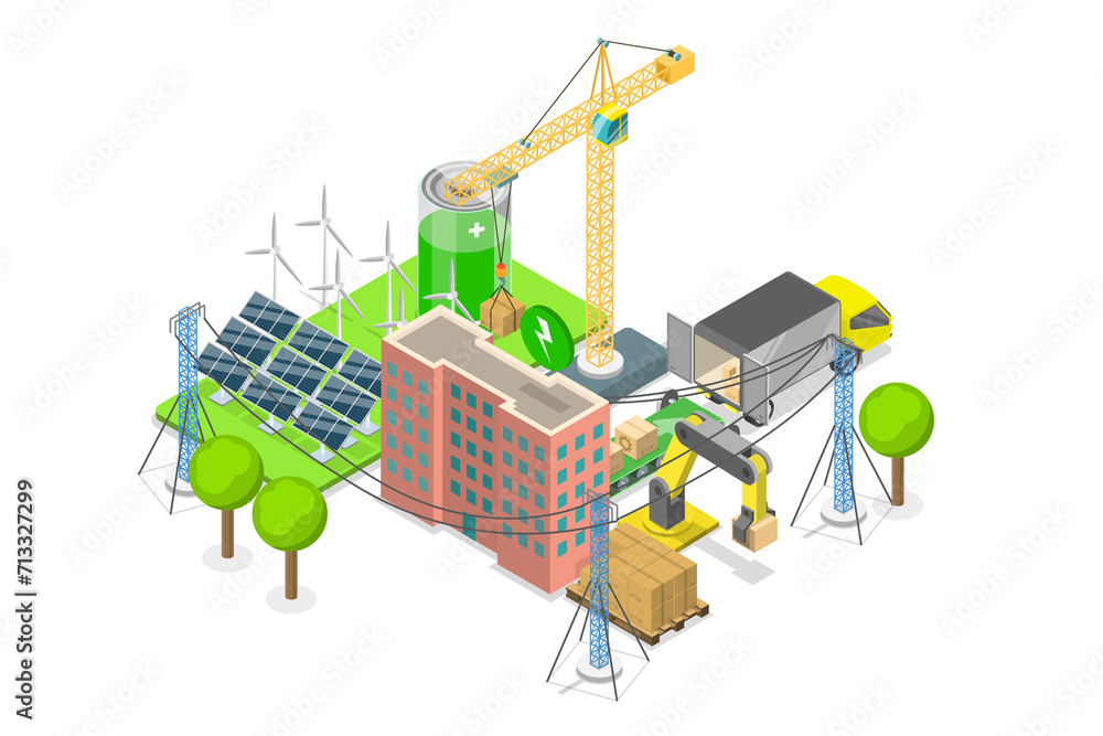 Fototapeta premium 3D Isometric Flat Conceptual Illustration of Sustainable Supply Chain, Green Logistics