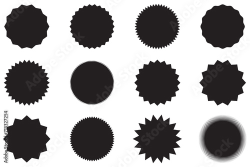 Set of black price sticker, sale or discount sticker, sunburst badges icon. Stars shape with different number of rays. Special offer price tag. Black starburst Promotional sticky notes and labels.1234