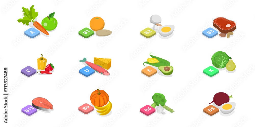 3D Isometric Flat Conceptual Illustration of Vitamins And Minerals, Healthy Food Supplements 3D Isometric Flat Conceptual Illustration of Vitamins And Minerals, Healthy Food Supplements