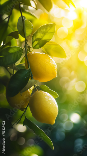 Sunlit ripe lemons hanging from a tree, surrounded by lush green leaves, highlighting the freshness of organic produce. 