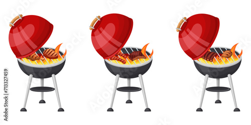 A set of a red-hot barbecue grill, cooking meat on the grill with an open lid. Vector illustration on a white background