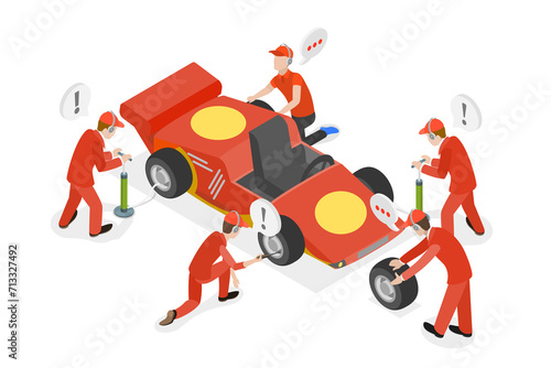 3D Isometric Flat  Conceptual Illustration of Pit Stop, Maintenance of a Racing Car
