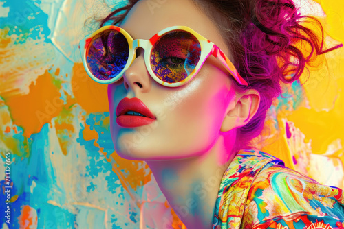 a woman in wide sunglasses is posing next to colorful collage
