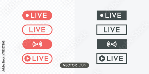 Live streaming icon set.Red symbols and buttons of live streaming, Live broadcasting buttons and symbols.Social media concept. Vector illustration.