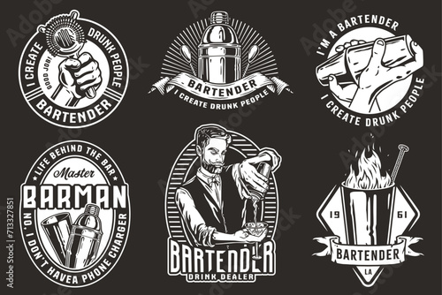 Bartender design with hawthorne strainer and boston shaker with fire for bartending school. Vector emblem set of chromed metal equipment or cocktail bar tool for barman or barkeep