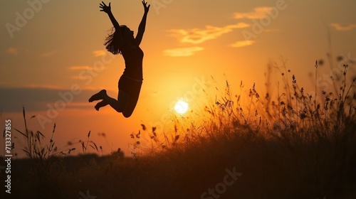 Silhouette of a happy girl jumping up against the sunset. Created with Generative Ai technology. © Viktor