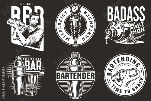 Bartender design with boston shaker and bottle stopper, bucket with ice for bartending school. Vector emblem set of chromed metal equipment or cocktail bar tool for barman or barkeep