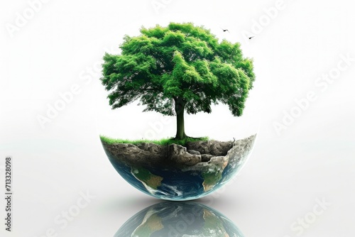 Tree over planet earth on white background  concept of save the planet and earth day.