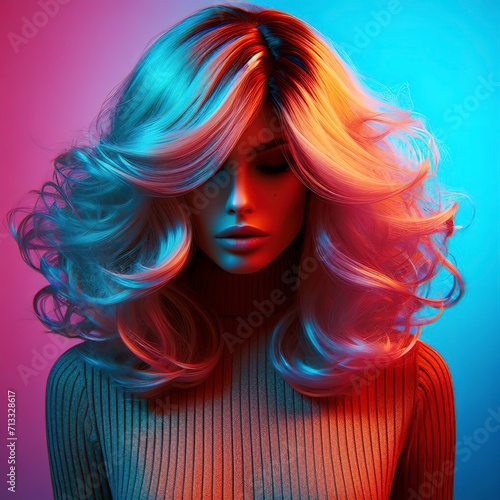 A woman with hair in a wig and hair in a colorful light