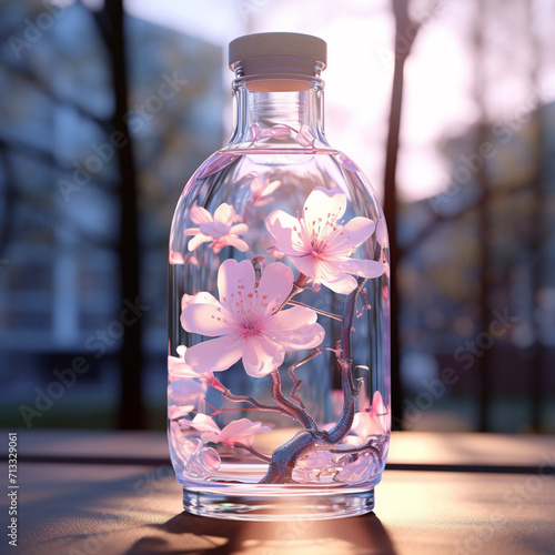 bottle containing cherry blossoms