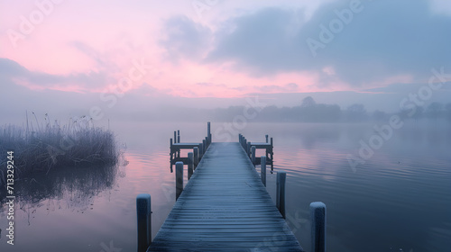 Frozen Lake with Wooden Dock in Snow