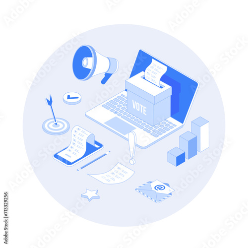Online Voting. E-voting, election internet service, online choice. Ballot box with blank on laptop screen. Voting ballot on the phone screen. Vector outline illustration with isometry scene for web 
