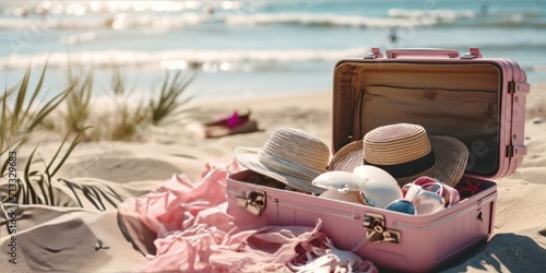 Pink suitcase with sunglasses and hat on the beach. Travel concept.
