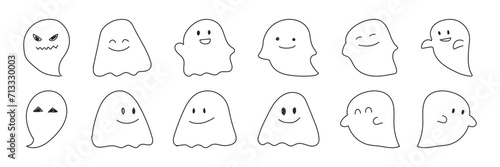 かわいい手書きのおばけのセット　ベクター　白黒　モノクロ　イラスト素材　Cute hand drawn ghost collection