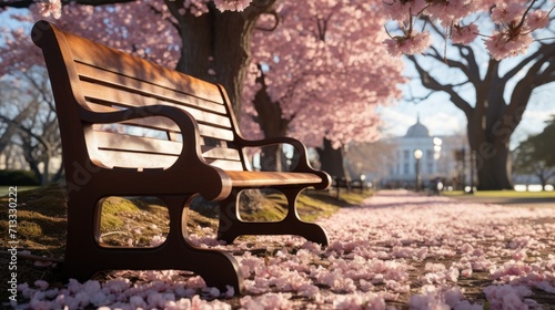 The benches in the park are covered with cherry bloss UHD wallpaper photo