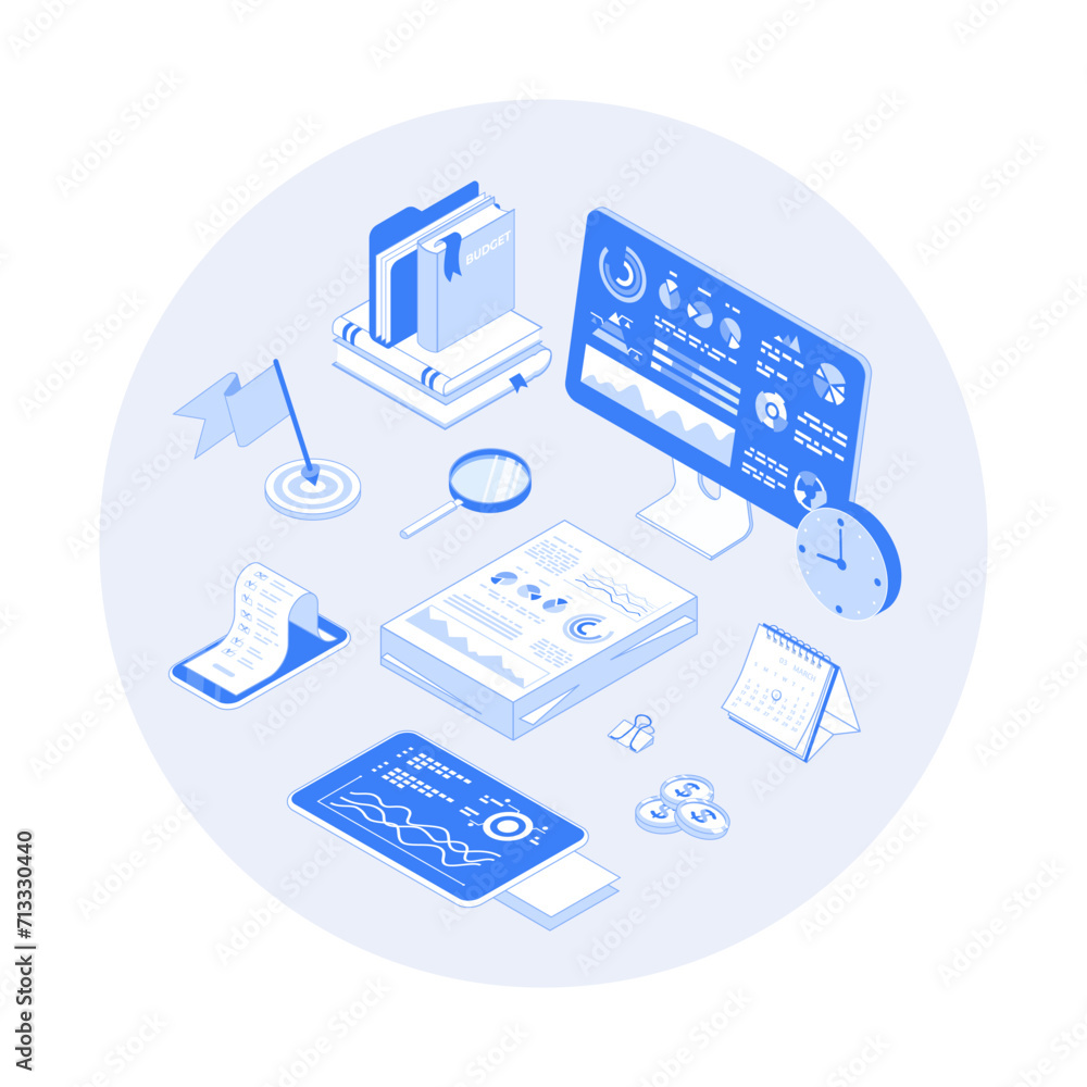 Business Data Analysis, Financial Report. Statistics and business statement. Research of company documents. Vector outline illustration with isometry scene for web graphic Business Data Analysis, Financial Report. Statistics and business statement. Research of company documents. Vector outline illustration with isometry scene for web graphic